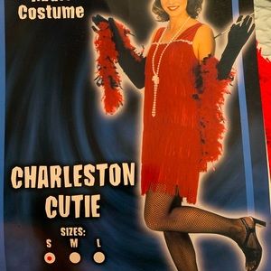 Ladies size Small Red Flapper Costume w/ gloves, headband, necklace, feather boa